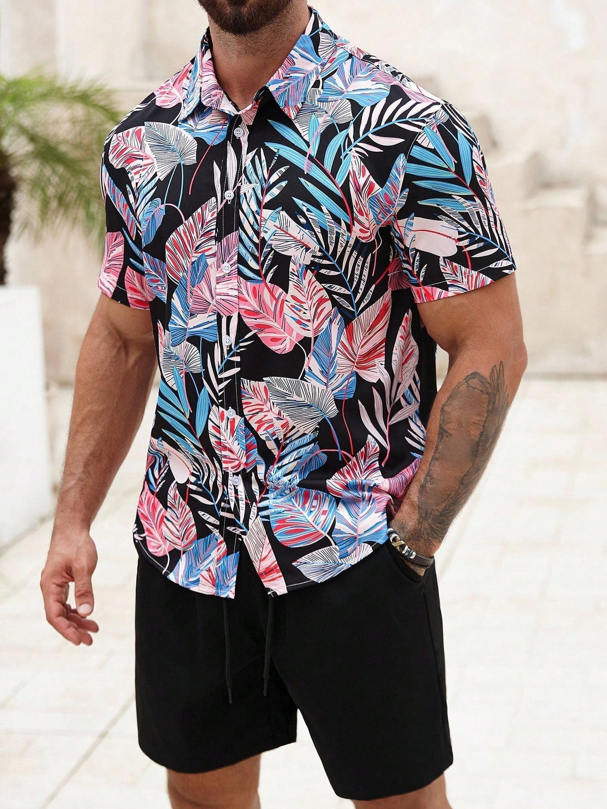 Conjunto Masculino Mar Tropical Preto e Rosa