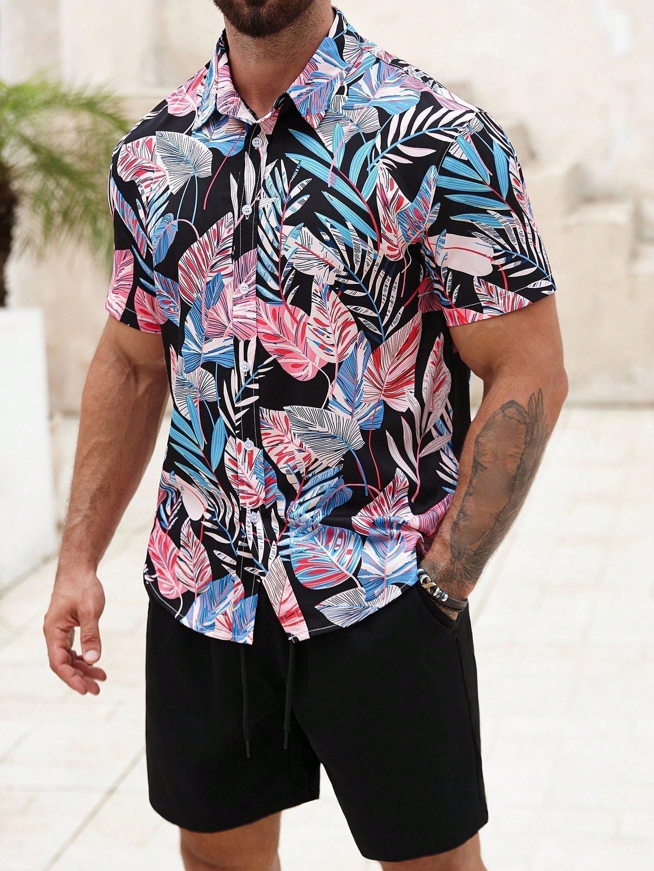 Conjunto Masculino Mar Tropical Preto e Rosa
